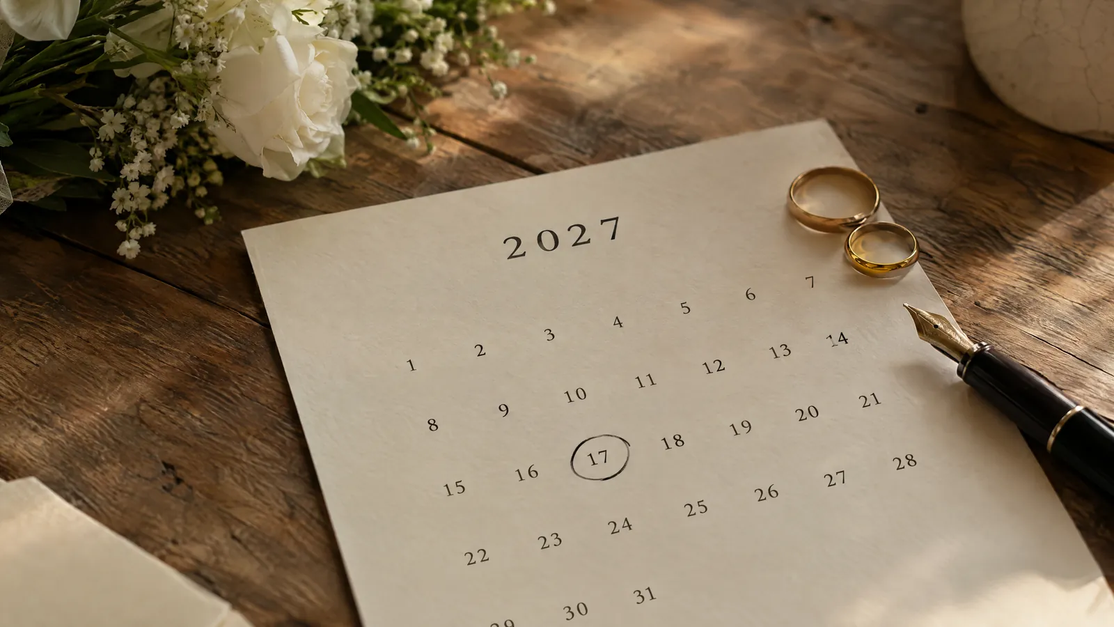 Отворен ѕиден календар за 2027 година со заокружен датум, венчални прстени и бели цвеќиња на дрвена маса