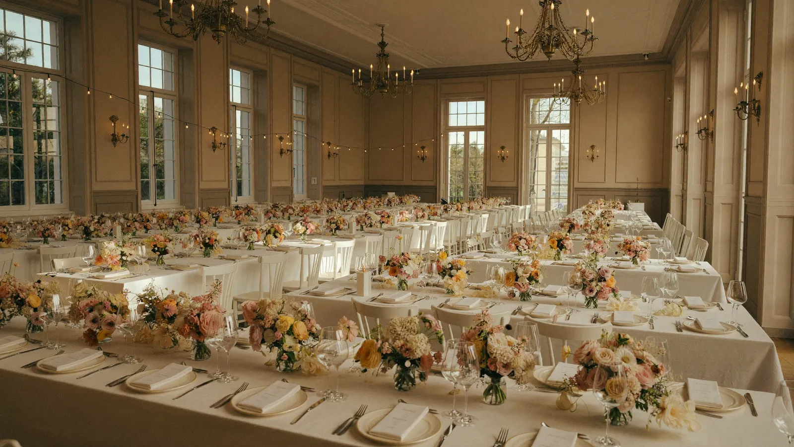 Elegantly set wedding hall in a restaurant with long tables, floral arrangements and chandeliers
